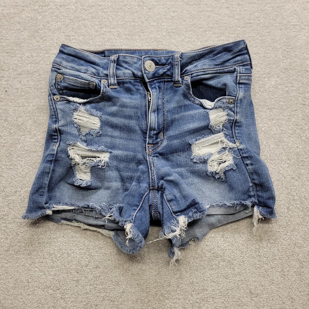 American Eagle Women Size 4 Hi Rise Shortie Distressed Denim Jean Shorts Stretch